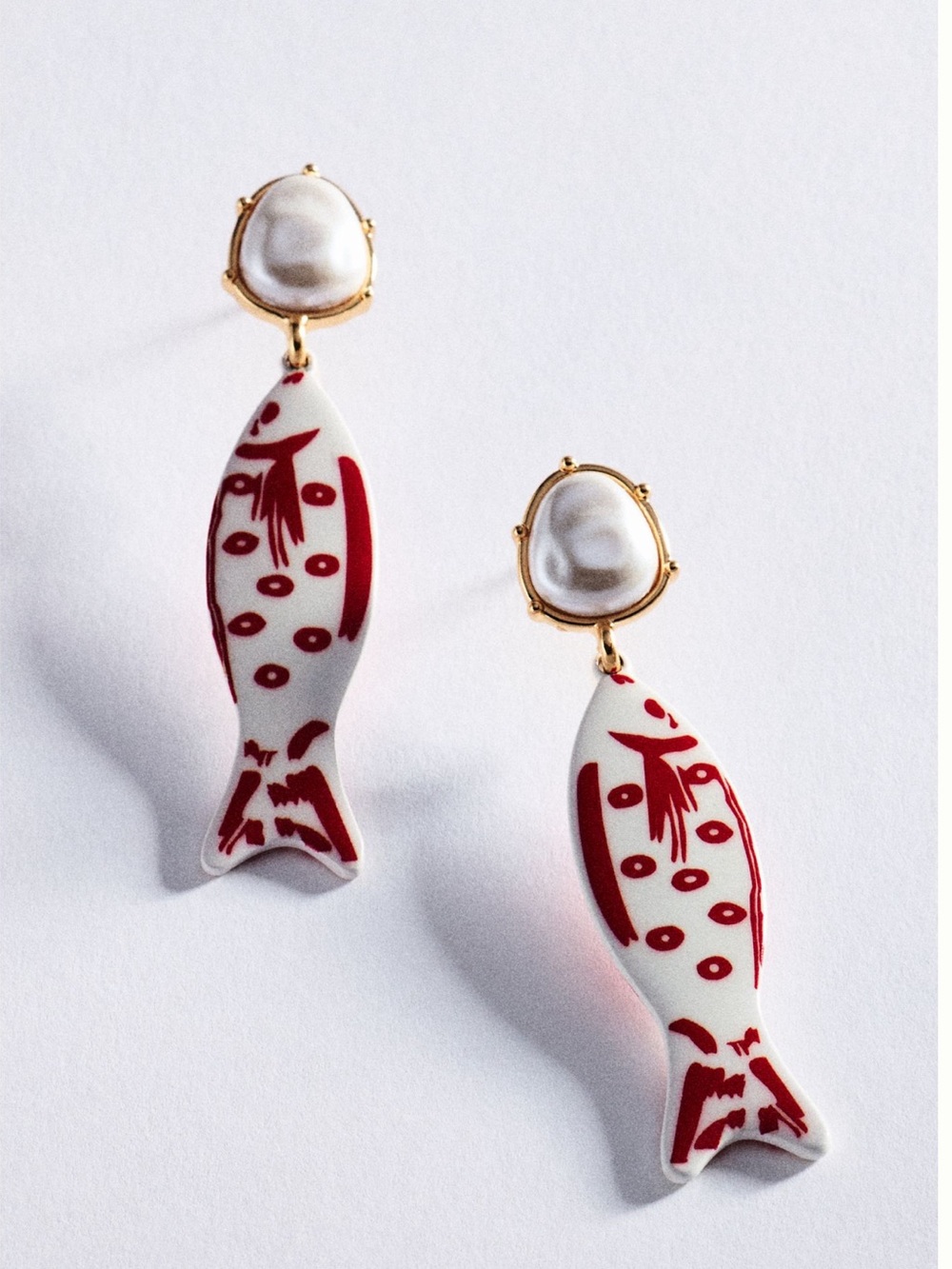 Anthropologie Fish Ceramic Drop Earrings 14KT Gold Plated New Red White Pearl